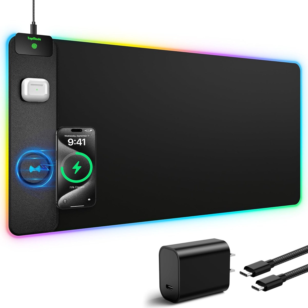 TopMade RGB Desk Mat with 15W Charging and 20W Block
